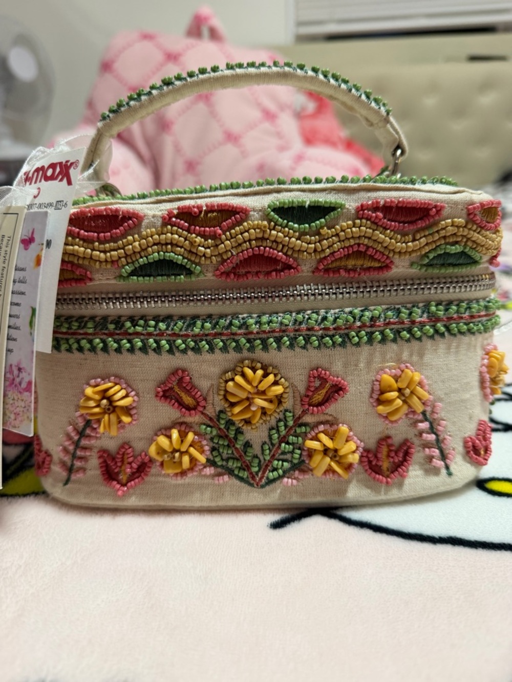 Embroidered Floral Beaded Top-Handle Cosmetic Bag in Cream and Pink